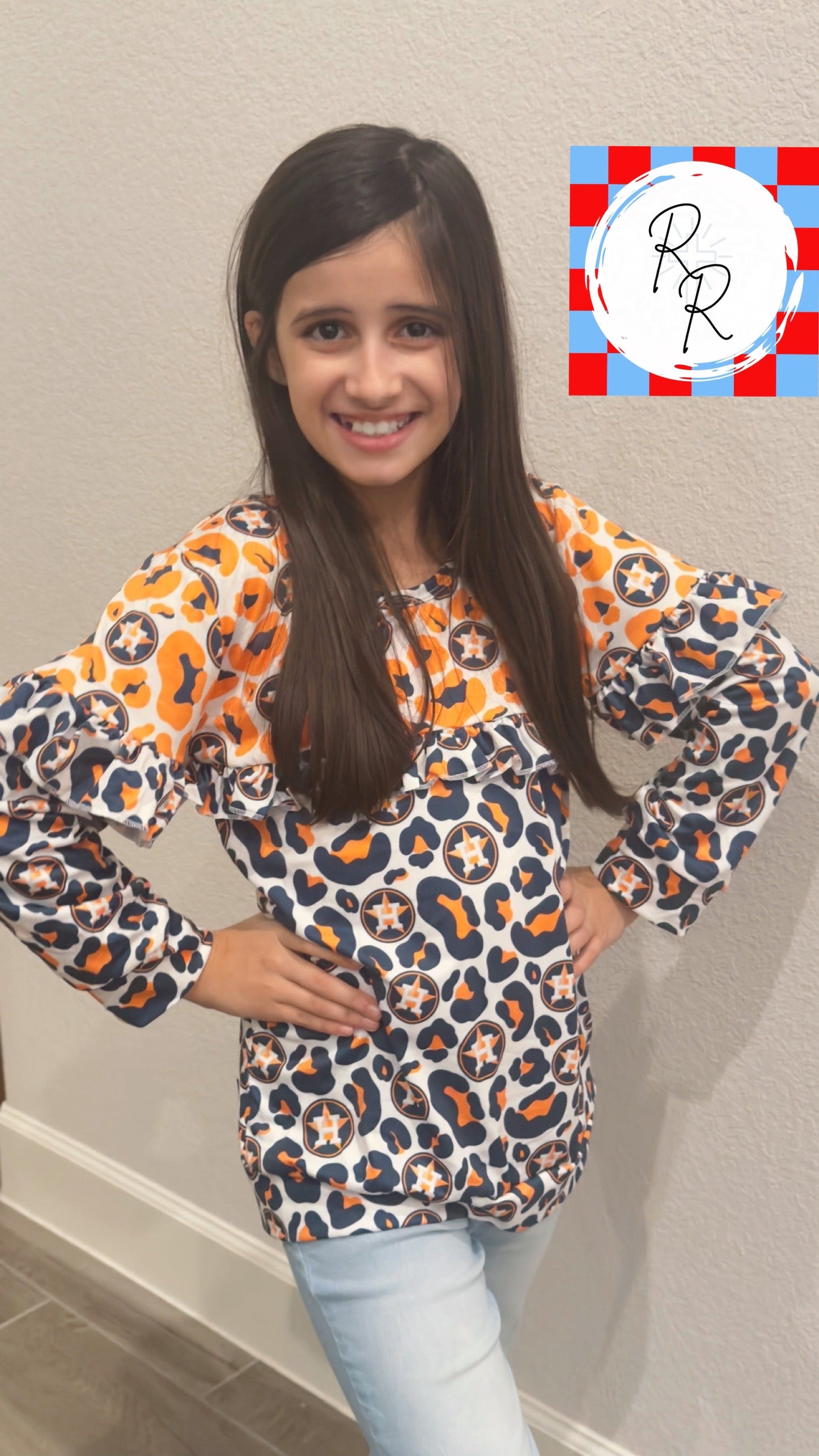 Girls Houston Astros Leopard Ruffle Top