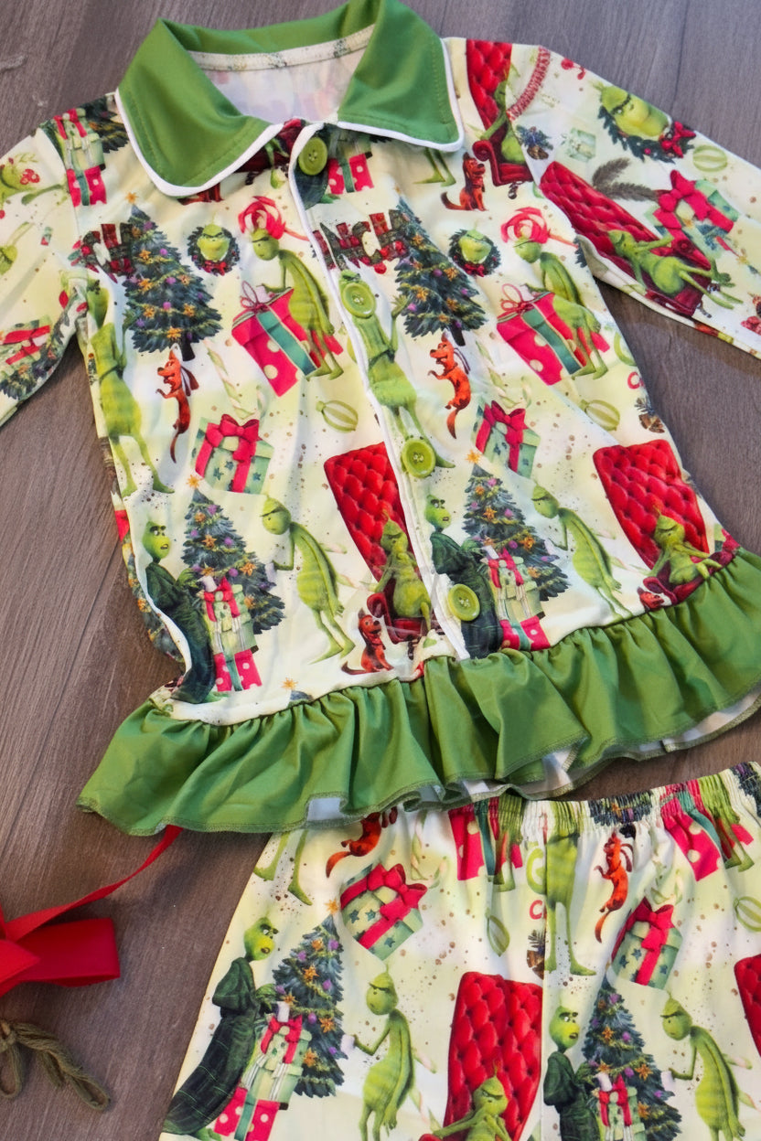 Girls Grinch Ruffle Christmas Pajama Set - Double Take Western Boutique