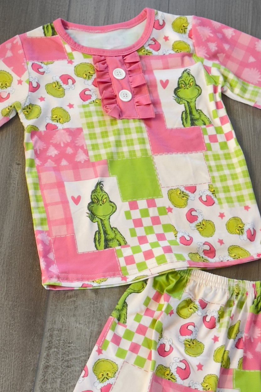 Girls Pink Grinch Patch Christmas Pajama Set