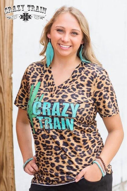 Leopard Crazy Train Cactus V-neck Top - Nico Bella Boutique