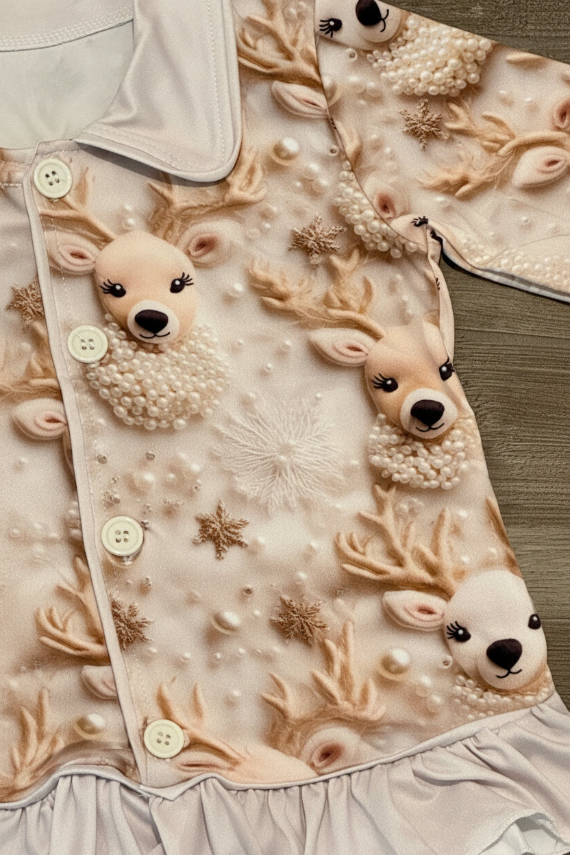 Girls Winter Reindeer Christmas Ruffle Christmas Pajama Set