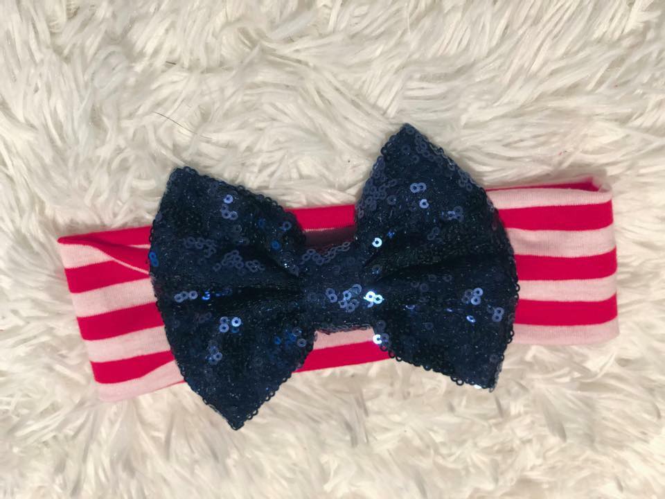 Red Striped Blue Sequin Bow Headband - Nico Bella Boutique