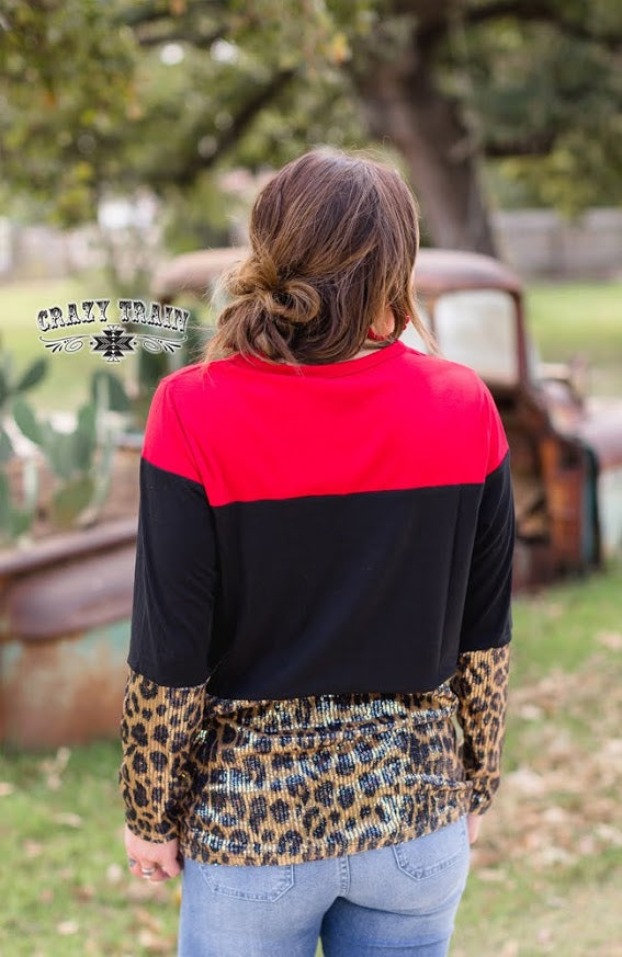Brunch Date Leopard Red Sequin Long Sleeve Top