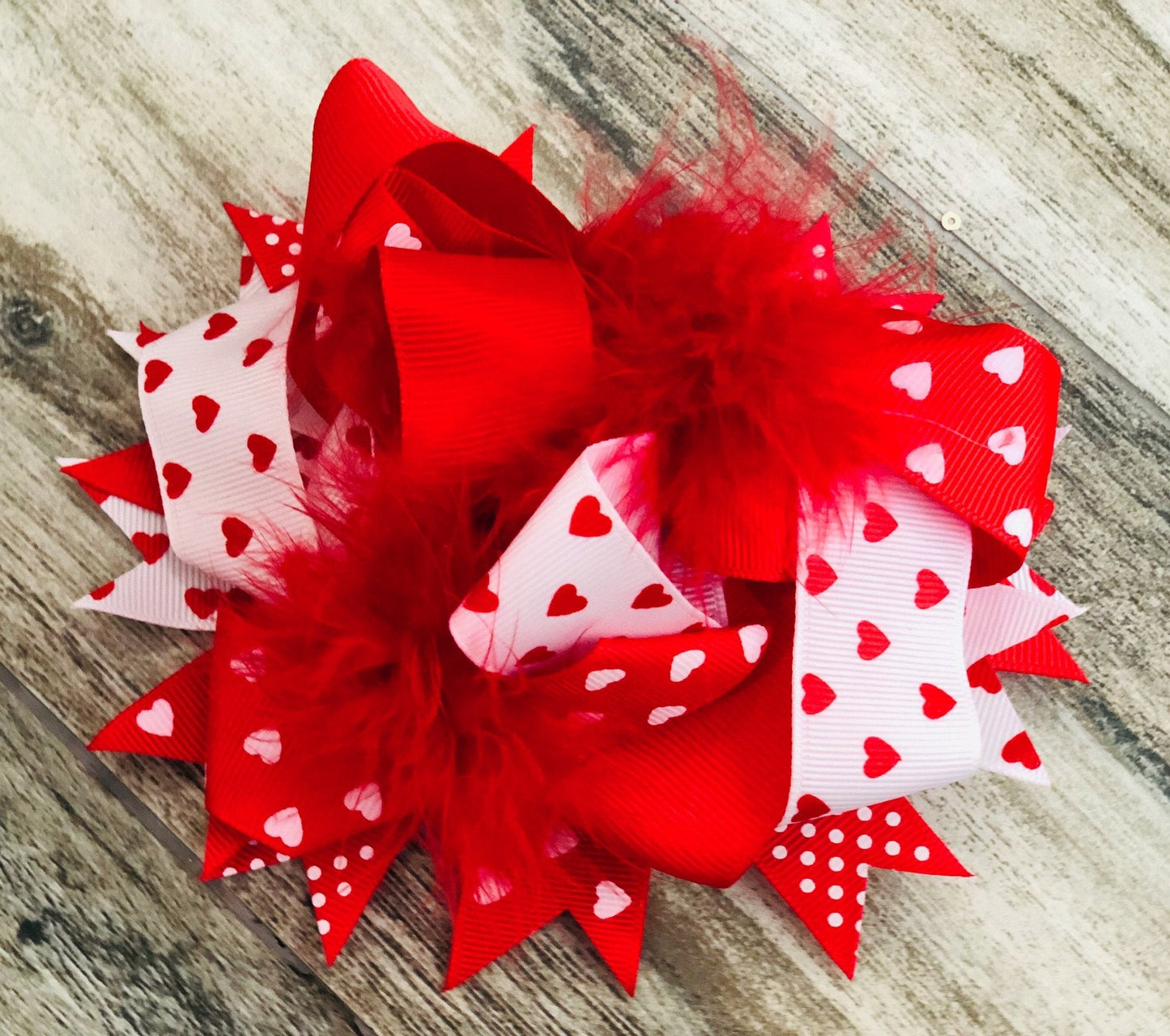 Red & White Heart Feather Bow - Nico Bella Boutique