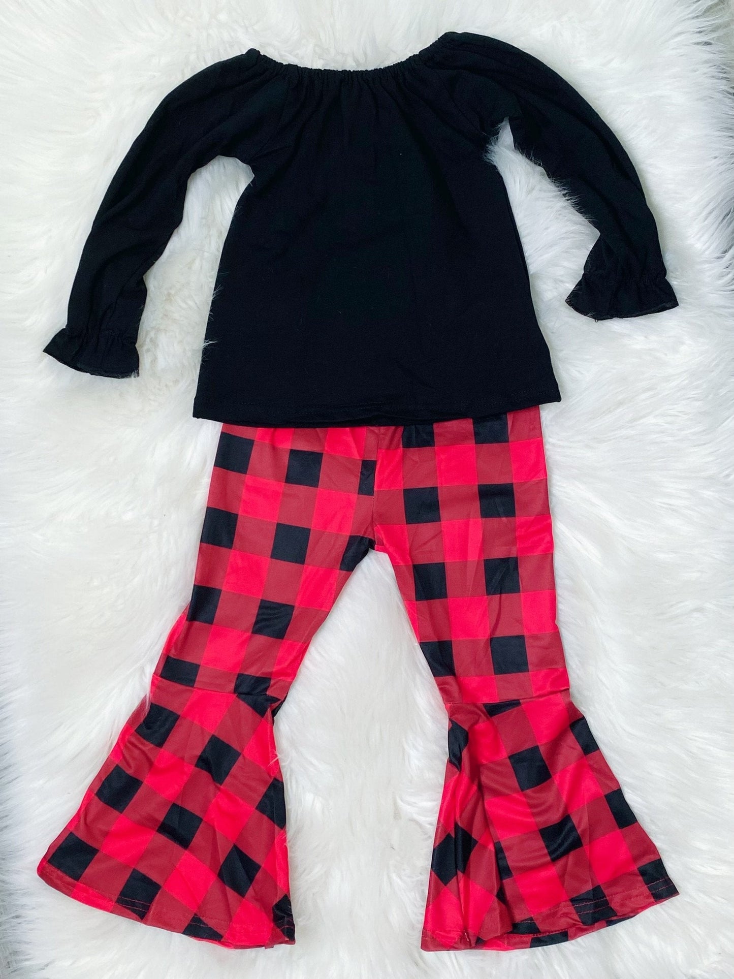 Buffalo Plaid Bells and Black Smocked Top Set - Nico Bella Boutique