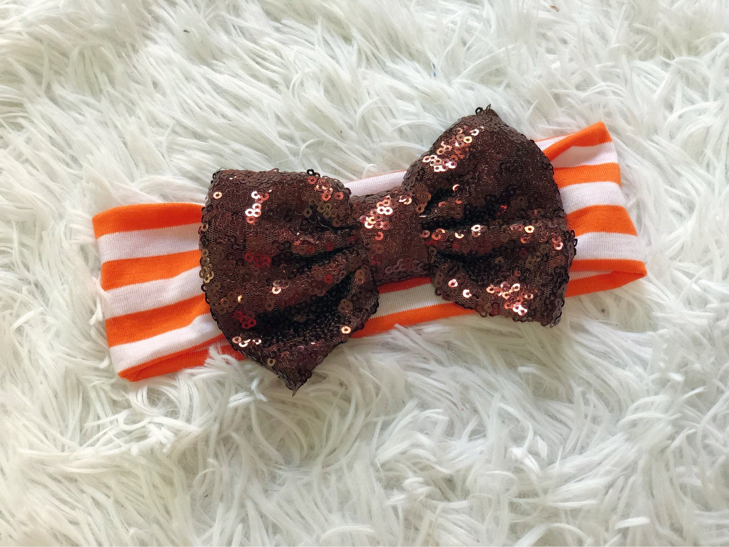 Brown Bow with Orange & White Striped Headband - Nico Bella Boutique
