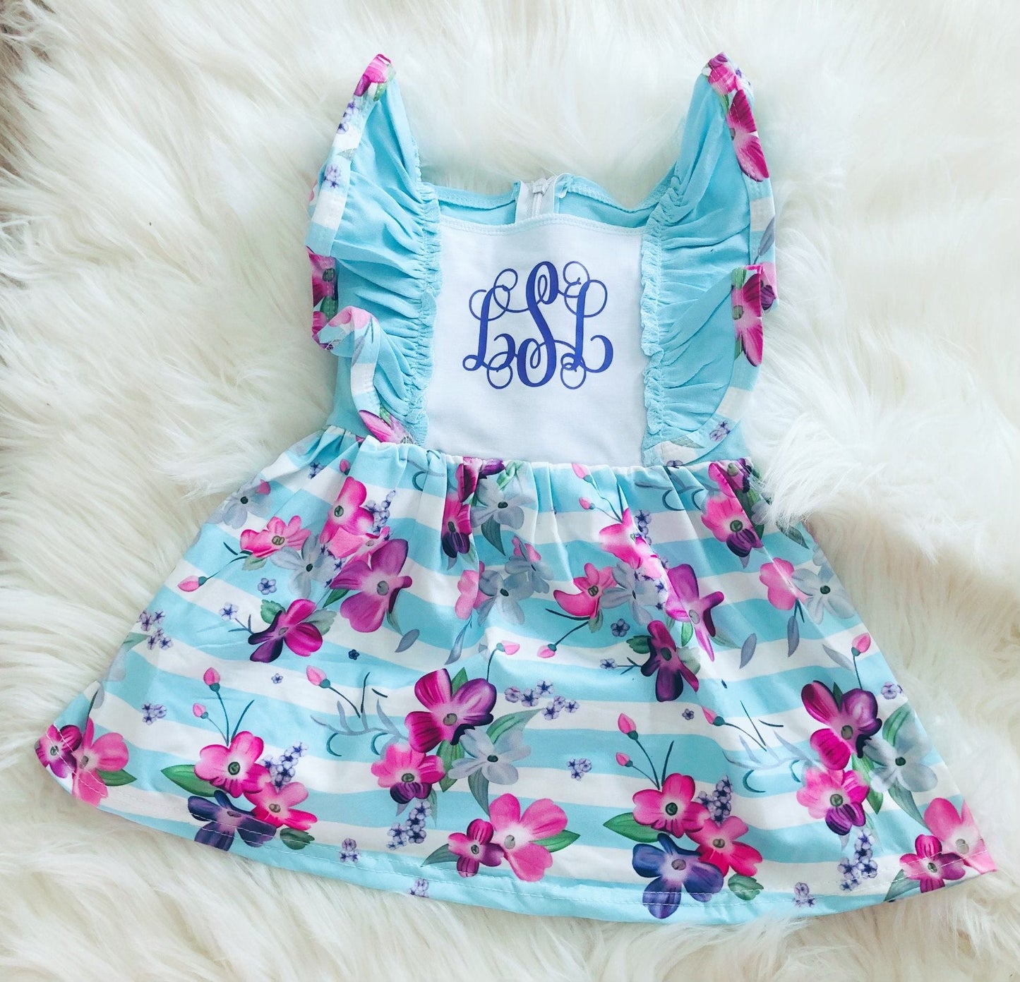 Monogram Aqua Purple Stripe Floral Tie Back Dress - Nico Bella Boutique
