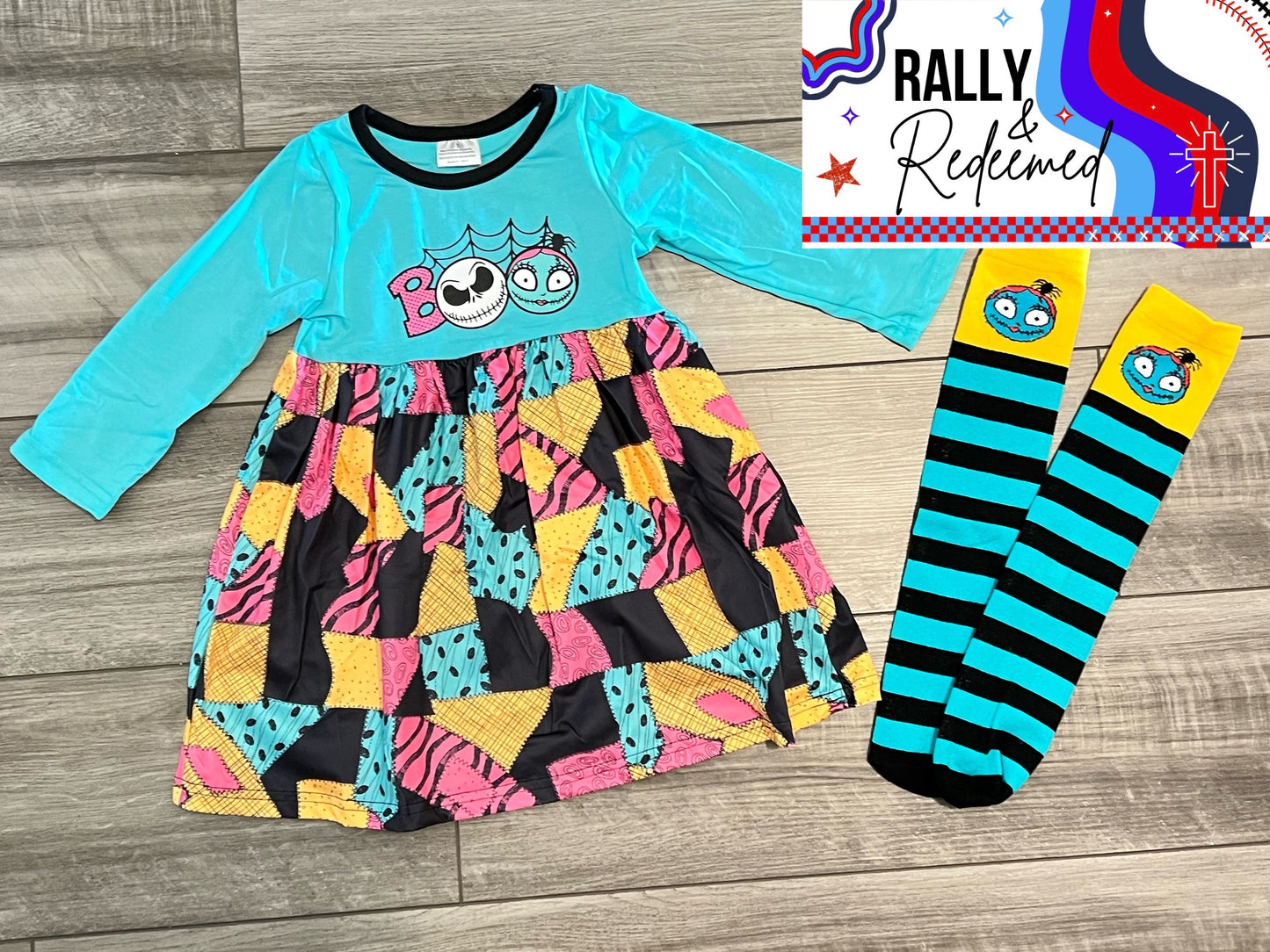 Nightmare Before Christmas Sally and Jack Boo Halloween Dress with Knee High Socks