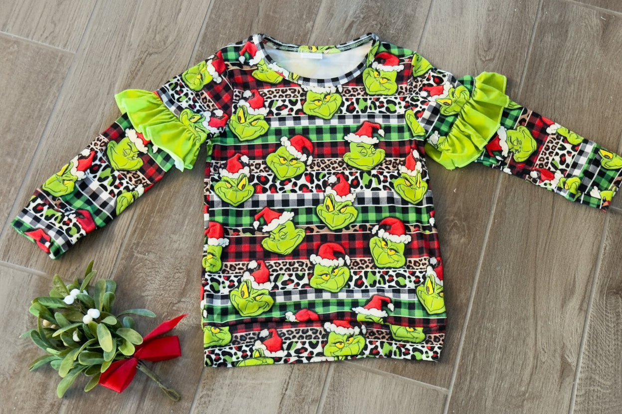 Girls Grinch Ruffle Top