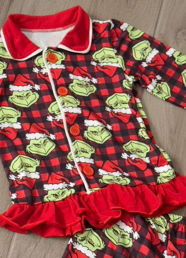 Girls Grinch Buffalo Plaid Pajama Set - Double Take Western Boutique