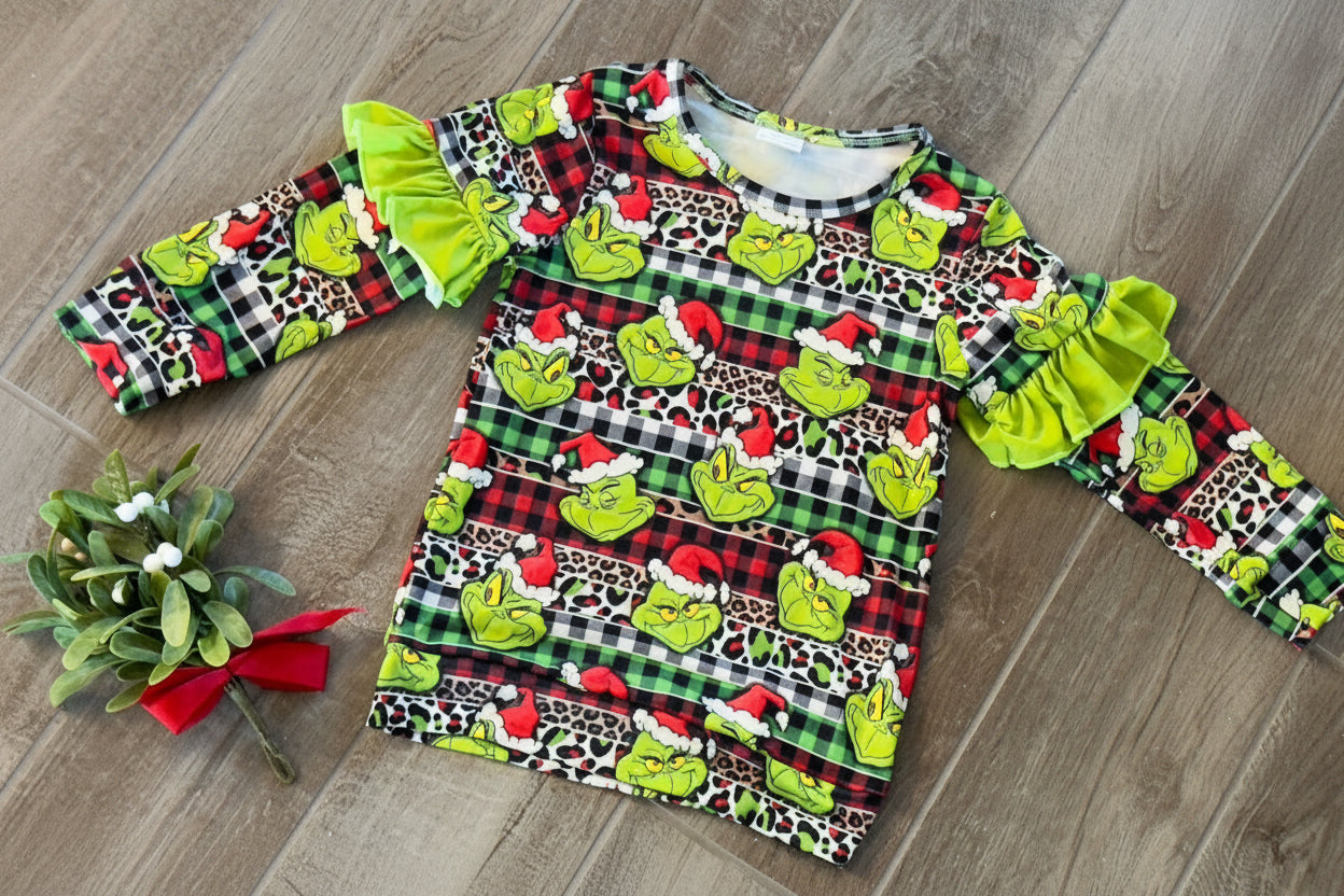 Girls Grinch Ruffle Top