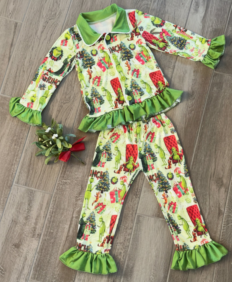 Girls Grinch Ruffle Christmas Pajama Set - Double Take Western Boutique