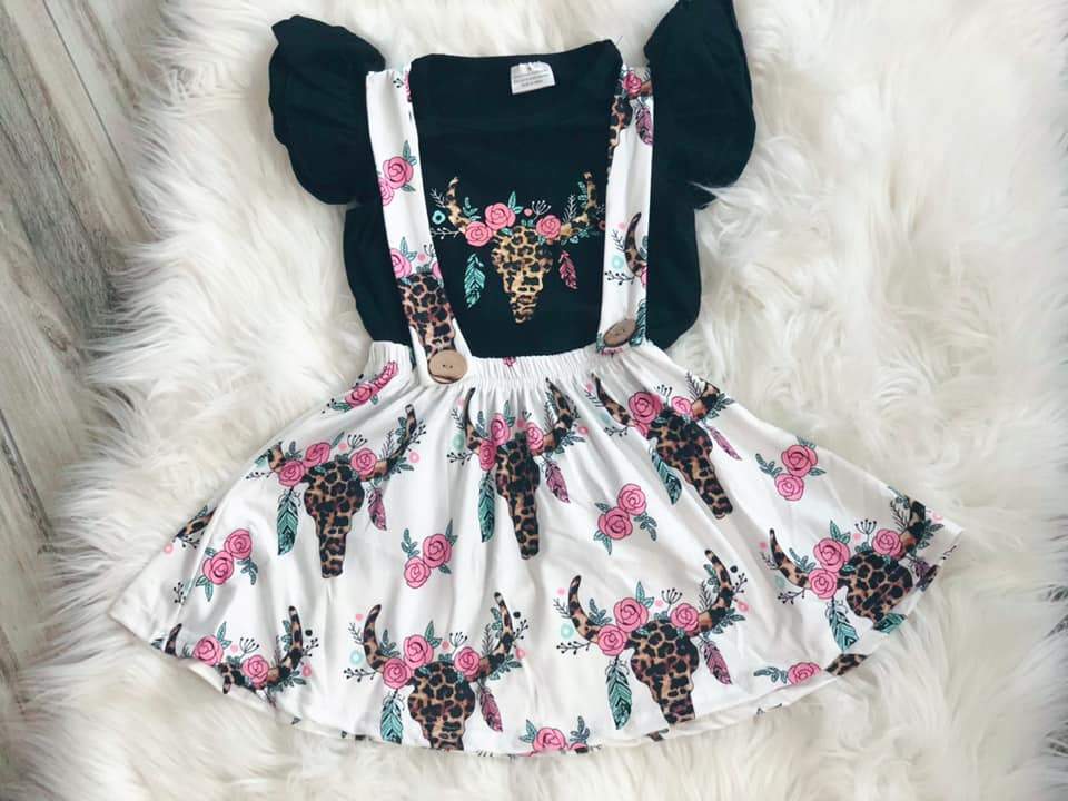 Girls Bull Skull Overall Skirt Set - Nico Bella Boutique 