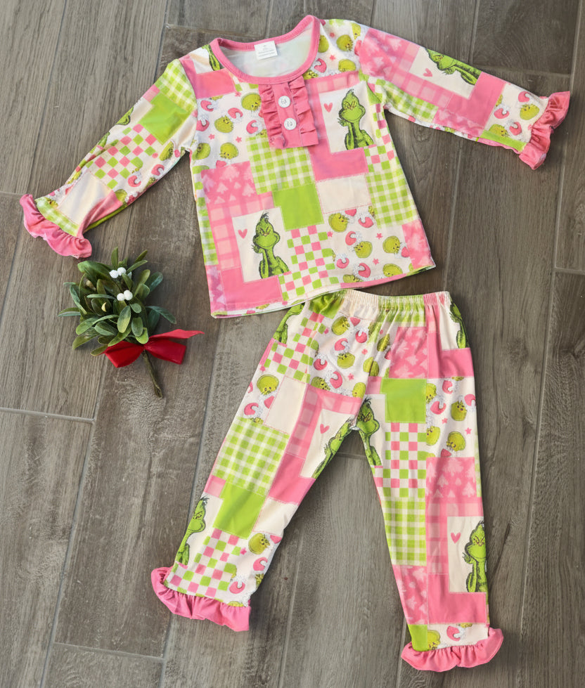 Girls Pink Grinch Patch Christmas Pajama Set
