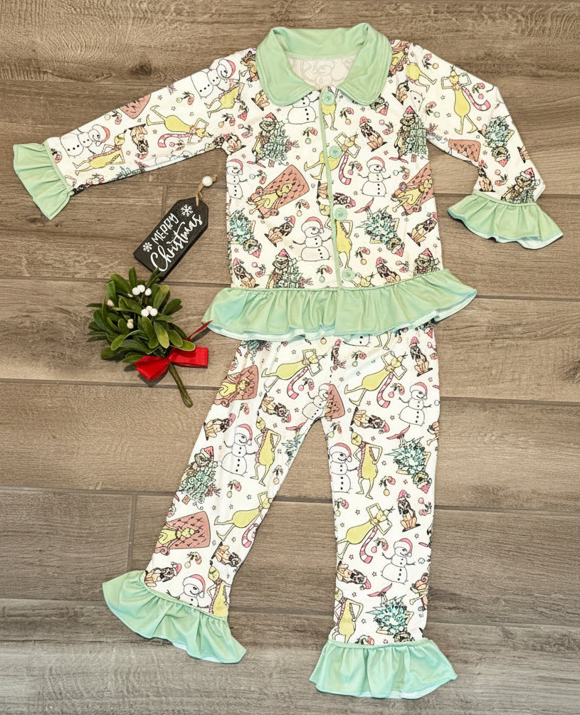 Girls Mean One Grinch Christmas Ruffle Christmas Pajama Set - Double Take Western Boutique