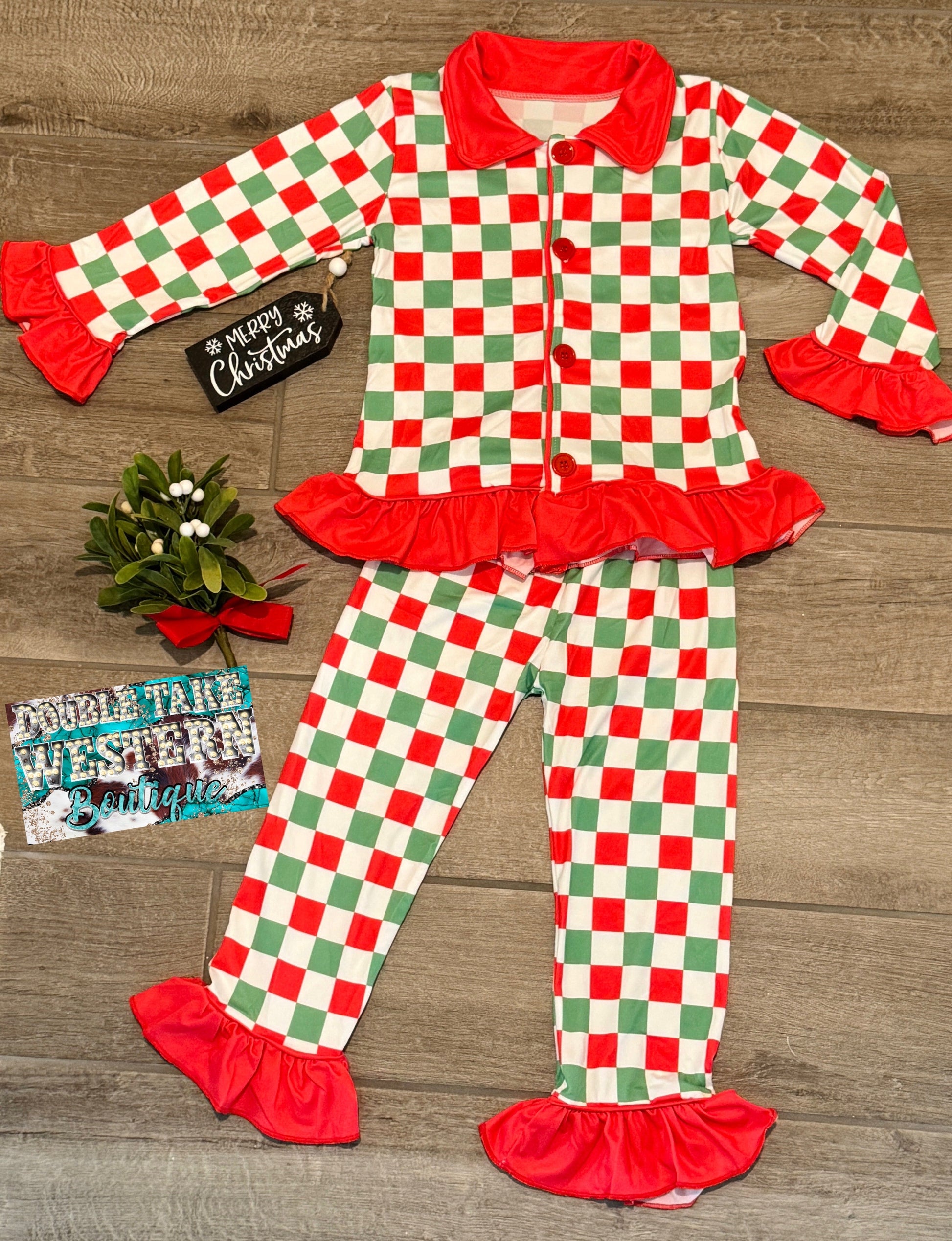 Girls Checkered Christmas Pajama Set - Double Take Western Boutique