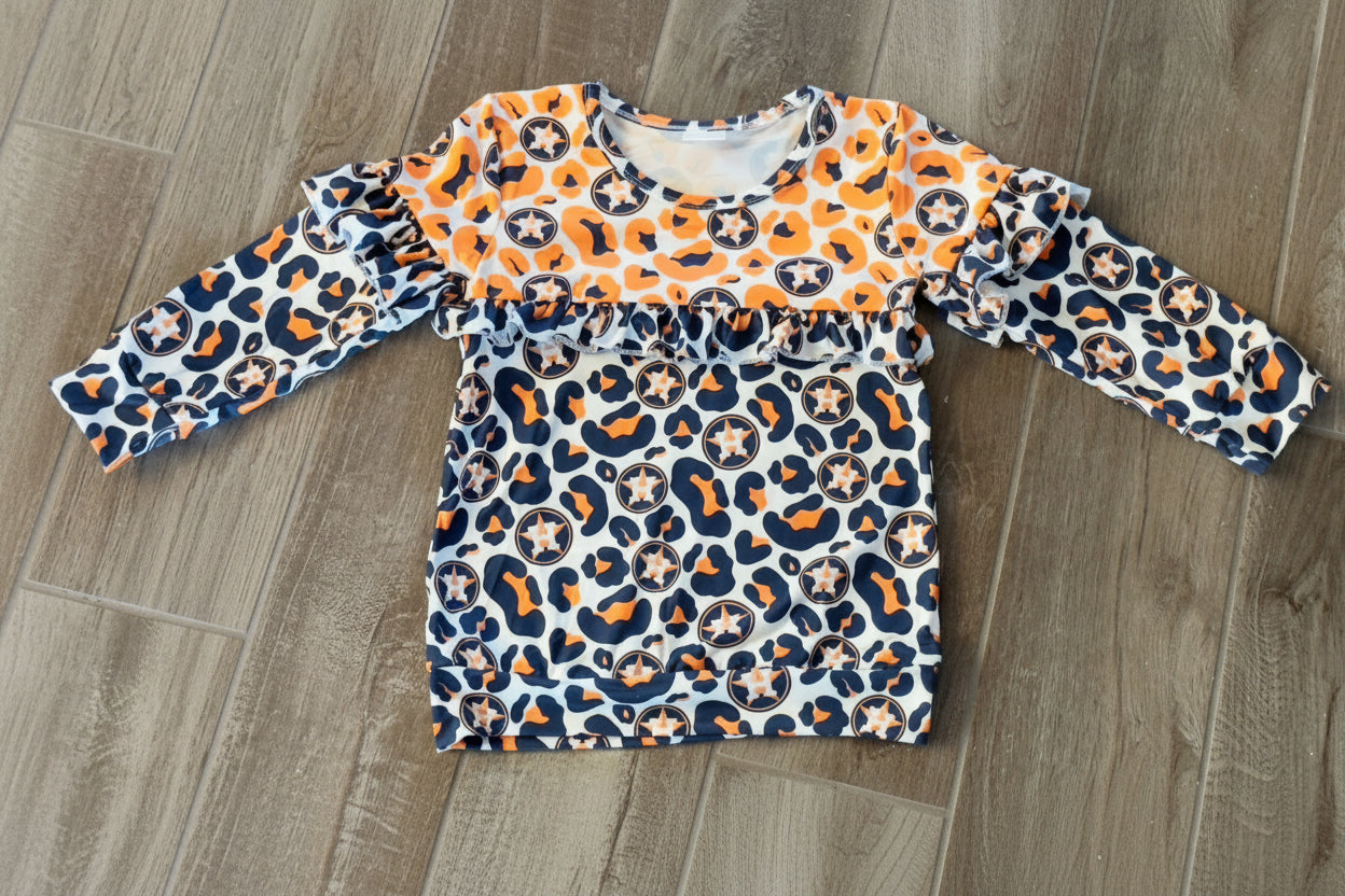 Girls Houston Astros Leopard Ruffle Top