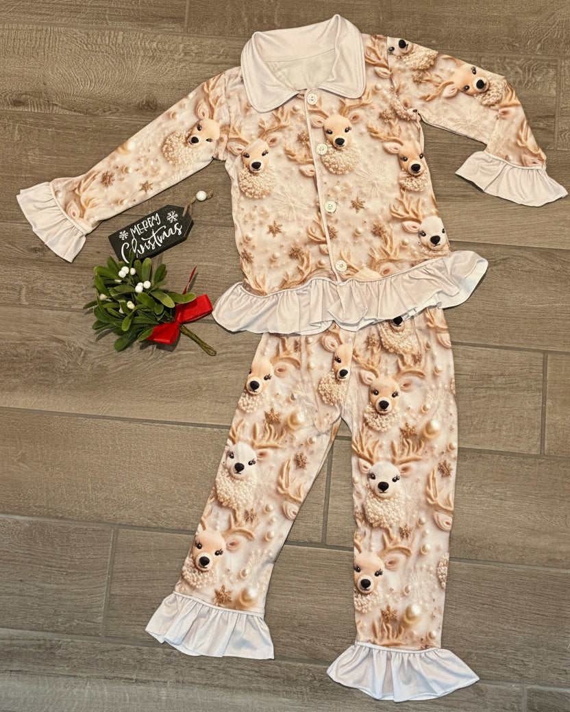 Girls Winter Reindeer Christmas Ruffle Christmas Pajama Set
