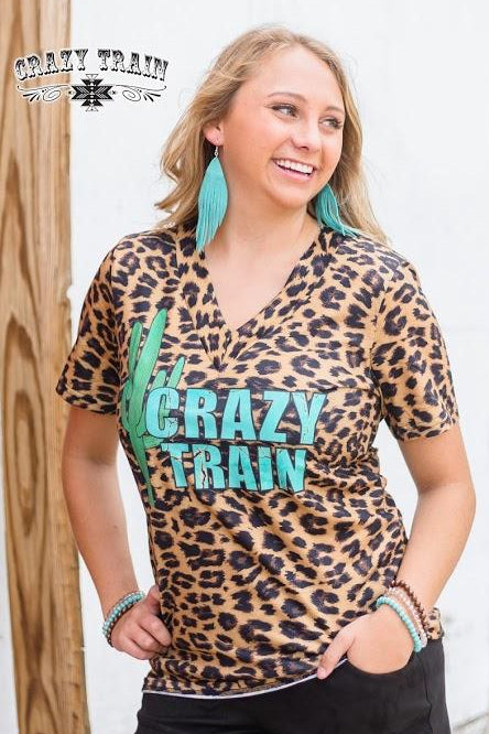 Leopard Crazy Train Cactus V-neck Top - Nico Bella Boutique 