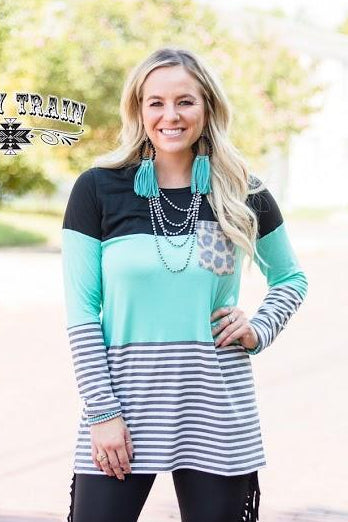 Coffee Date Leopard Turquoise Stripe Long Sleeve Top - Nico Bella Boutique 