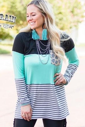 Coffee Date Leopard Turquoise Stripe Long Sleeve Top - Nico Bella Boutique 