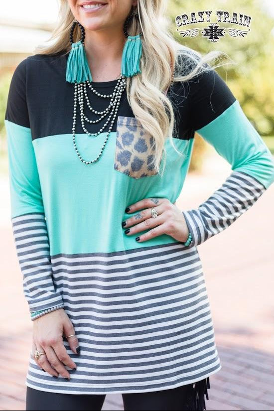 Coffee Date Leopard Turquoise Stripe Long Sleeve Top - Nico Bella Boutique 