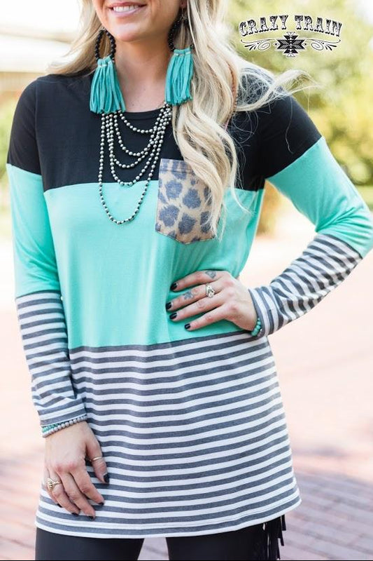 Coffee Date Leopard Turquoise Stripe Long Sleeve Top - Nico Bella Boutique 