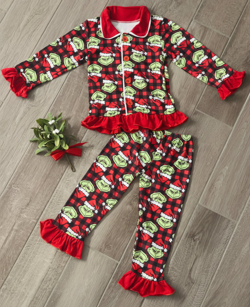Girls Grinch Buffalo Plaid Pajama Set - Double Take Western Boutique