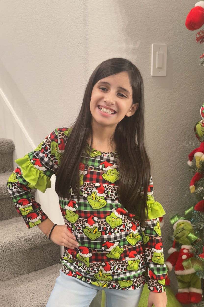 Girls Grinch Ruffle Top