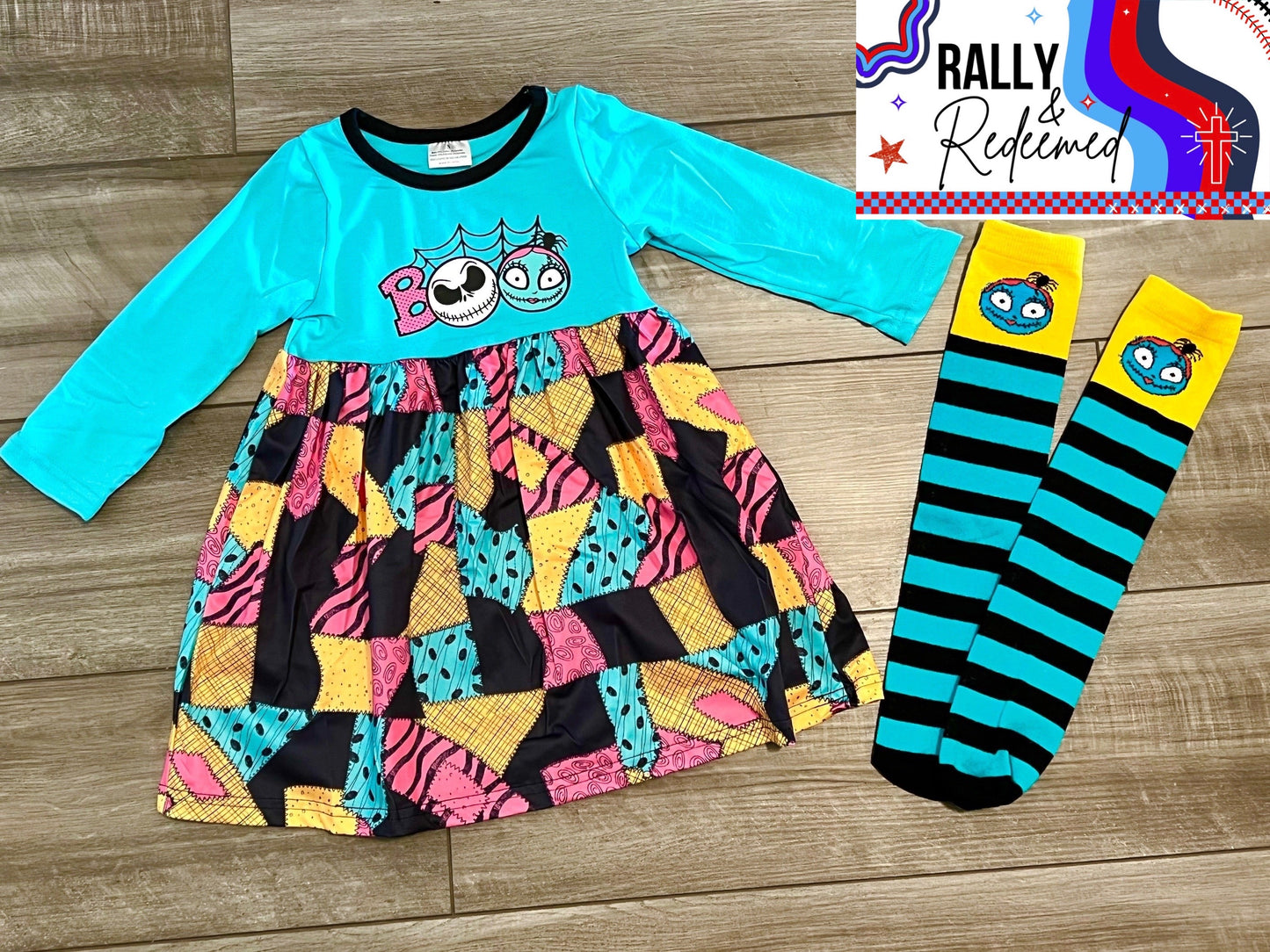 Nightmare Before Christmas Sally and Jack Boo Halloween Dress with Knee High Socks