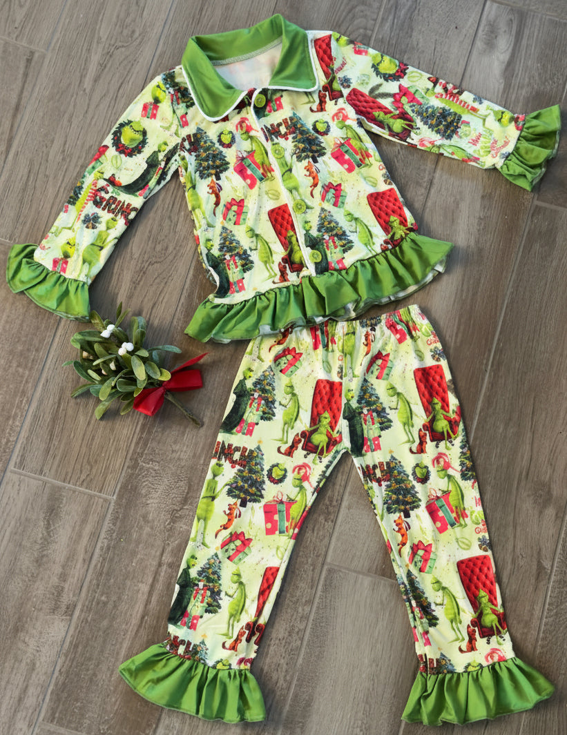 Girls Grinch Ruffle Christmas Pajama Set - Double Take Western Boutique