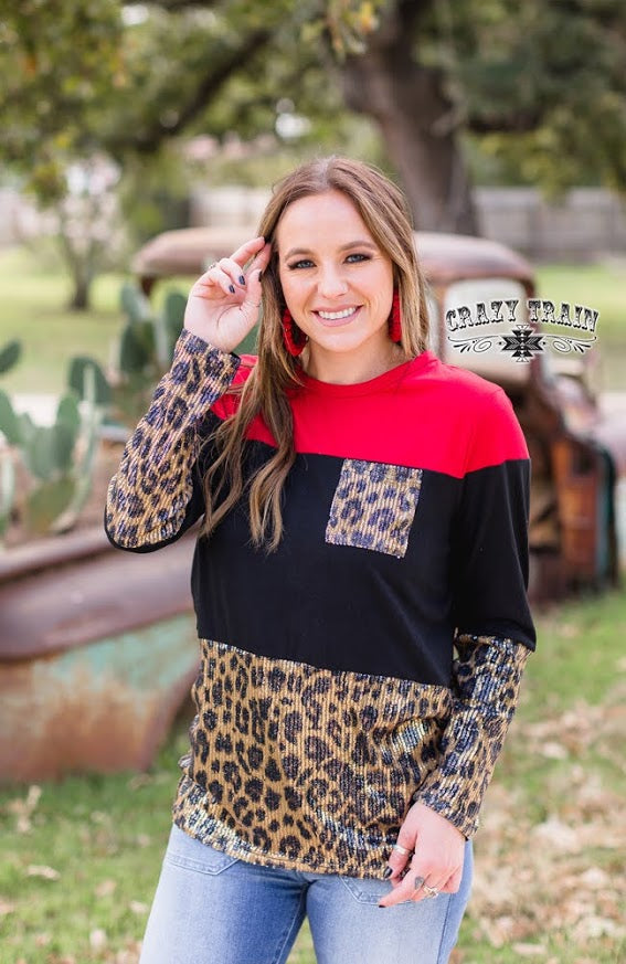 Brunch Date Leopard Red Sequin Long Sleeve Top