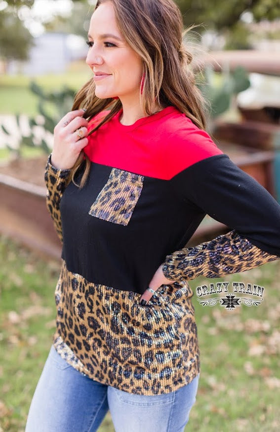 Brunch Date Leopard Red Sequin Long Sleeve Top