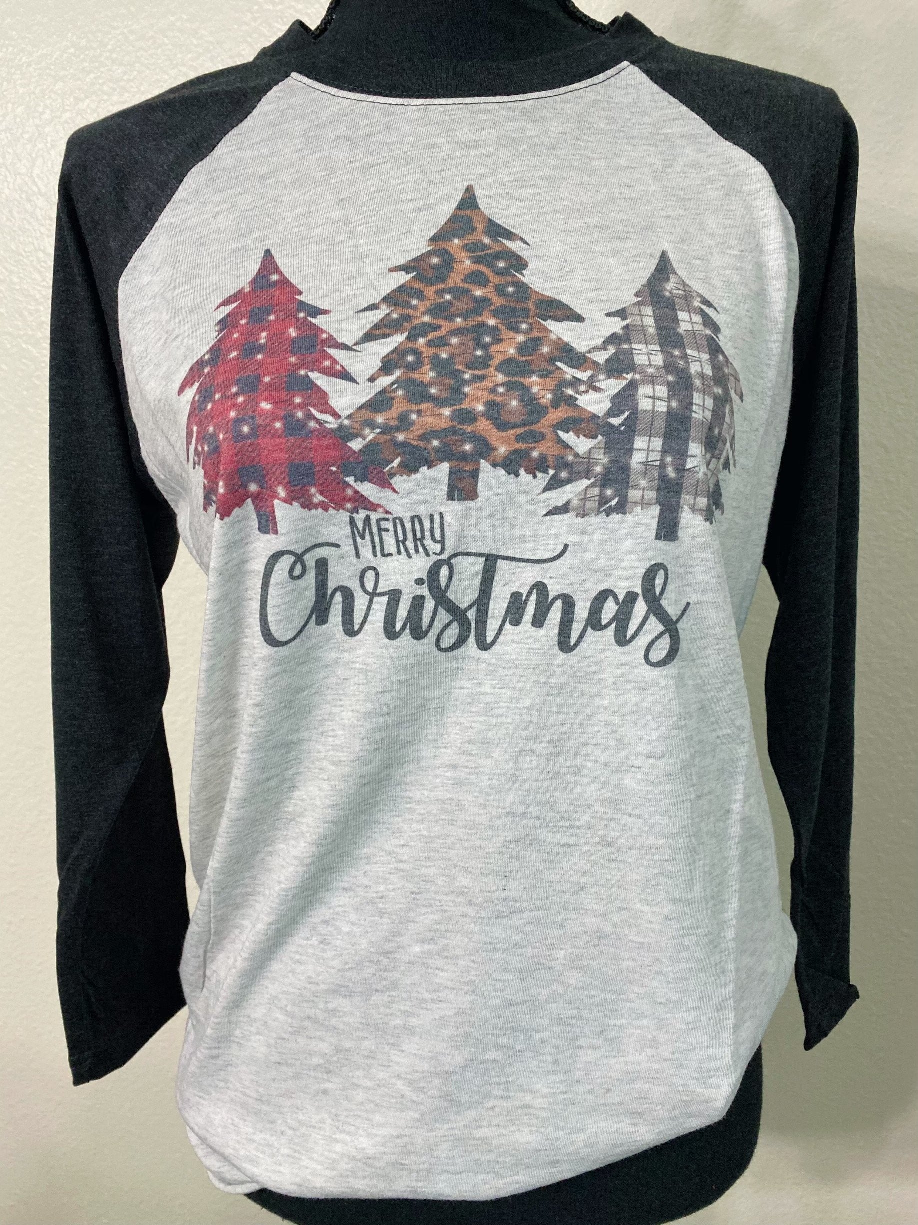 Merry Christmas Buffalo Plaid Leopard Trees Raglan - Nico Bella Boutique 