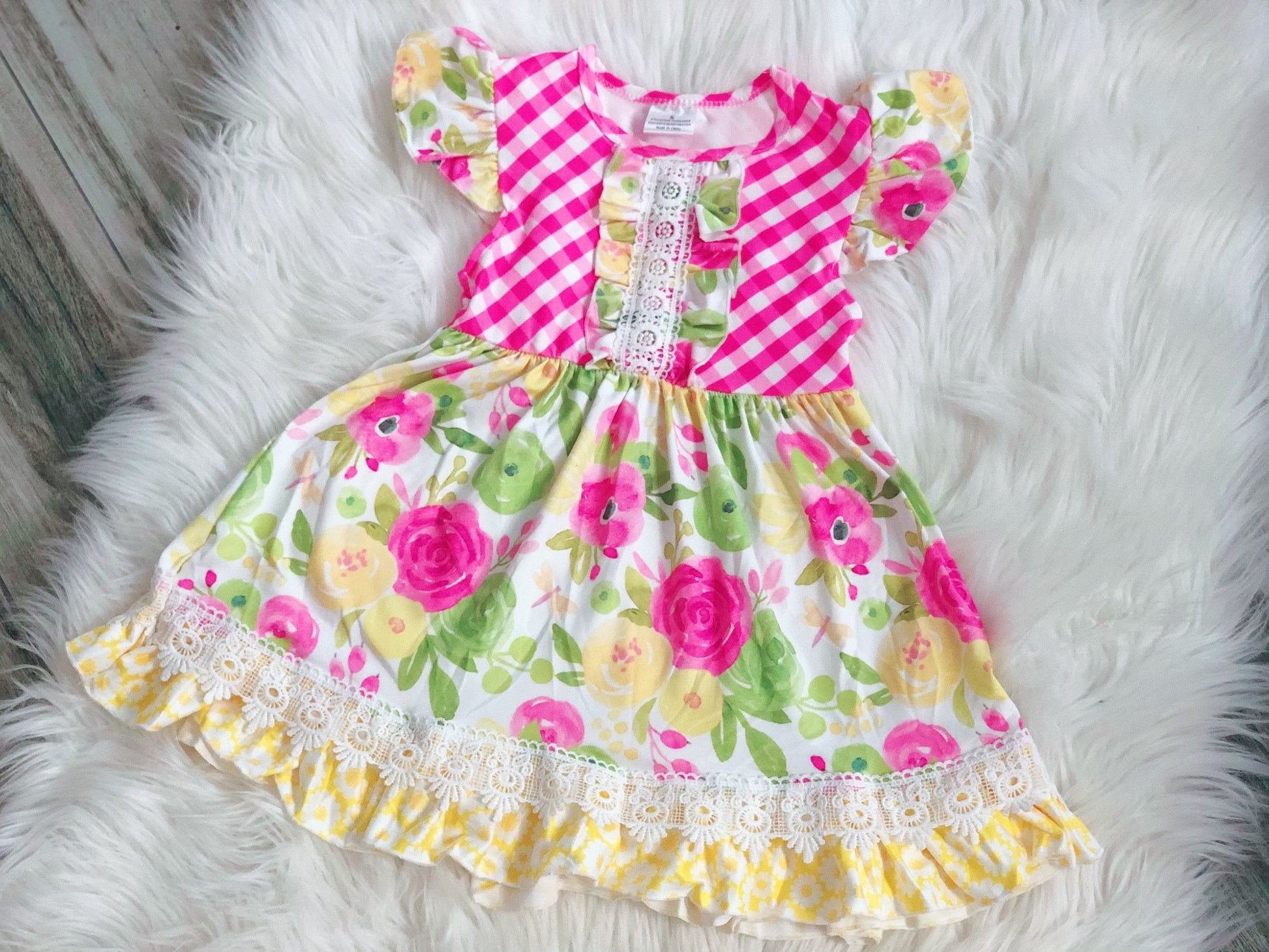 Pink & Yellow Floral Girls Pearl Dress - Nico Bella Boutique 