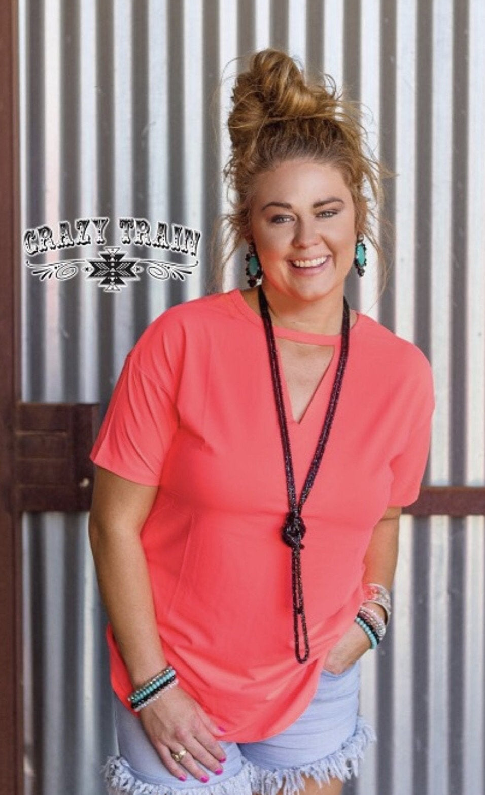 Crazy Coral V-neck Textline Top - Nico Bella Boutique 