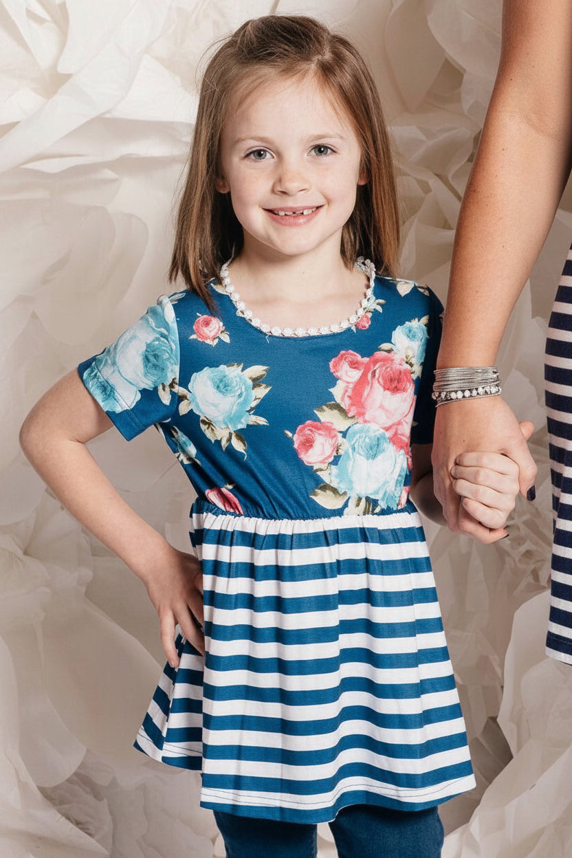 Girls Striped Blue Floral Peplum Top - Nico Bella Boutique 
