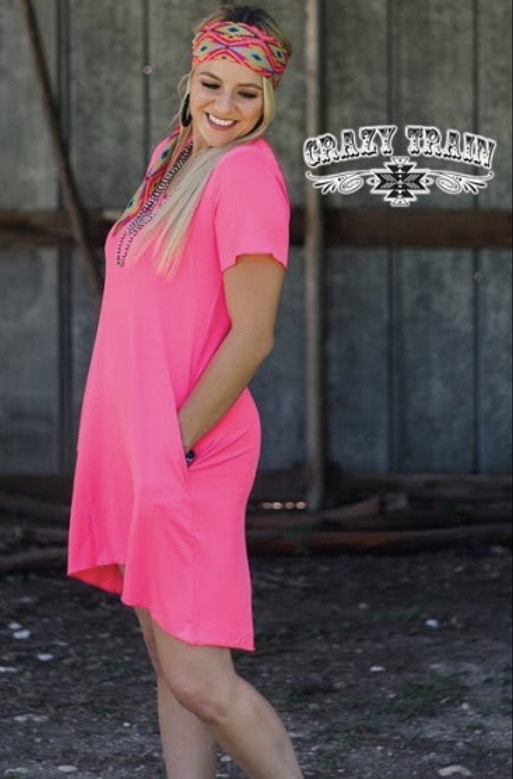 Neon Pink Druzzy Pocket Dress - Nico Bella Boutique 