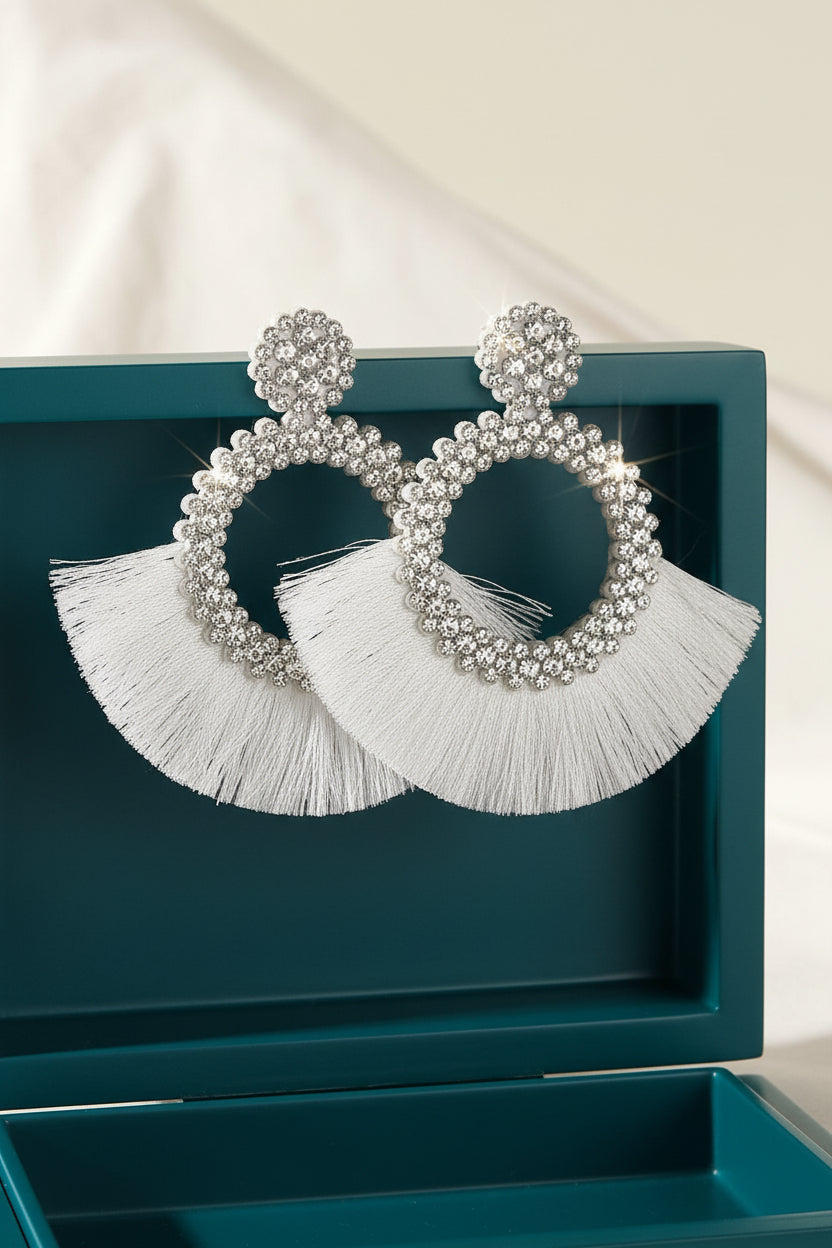 White Rhinestone Tassel Fan Earrings - Double Take Western Boutique
