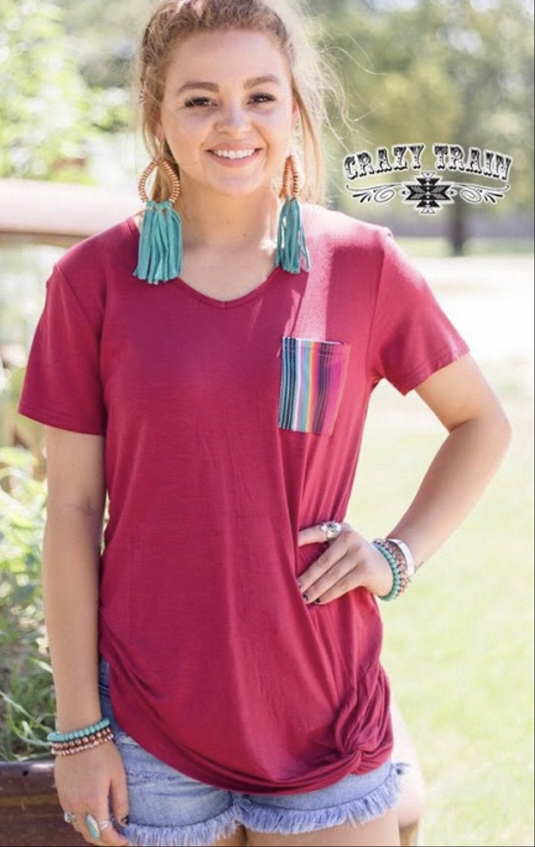 Maroon Serape Pocket Twist Hem Top - Nico Bella Boutique 