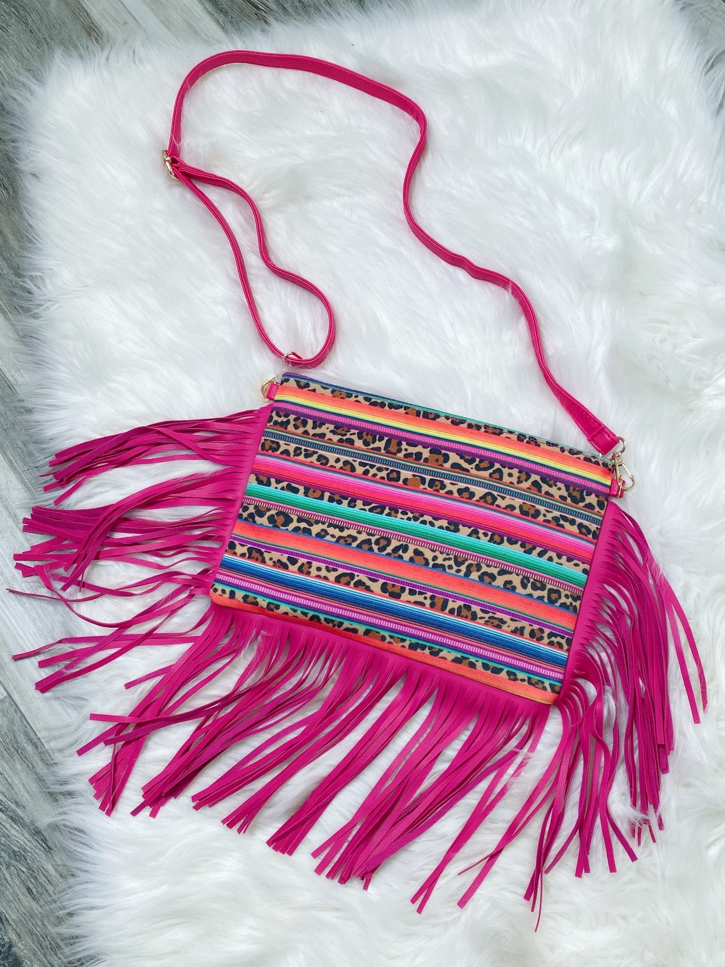 Leopard Serape Hot Pink Fringe Crossbody Bag - Nico Bella Boutique 