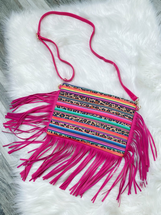 Leopard Serape Hot Pink Fringe Crossbody Bag - Nico Bella Boutique 
