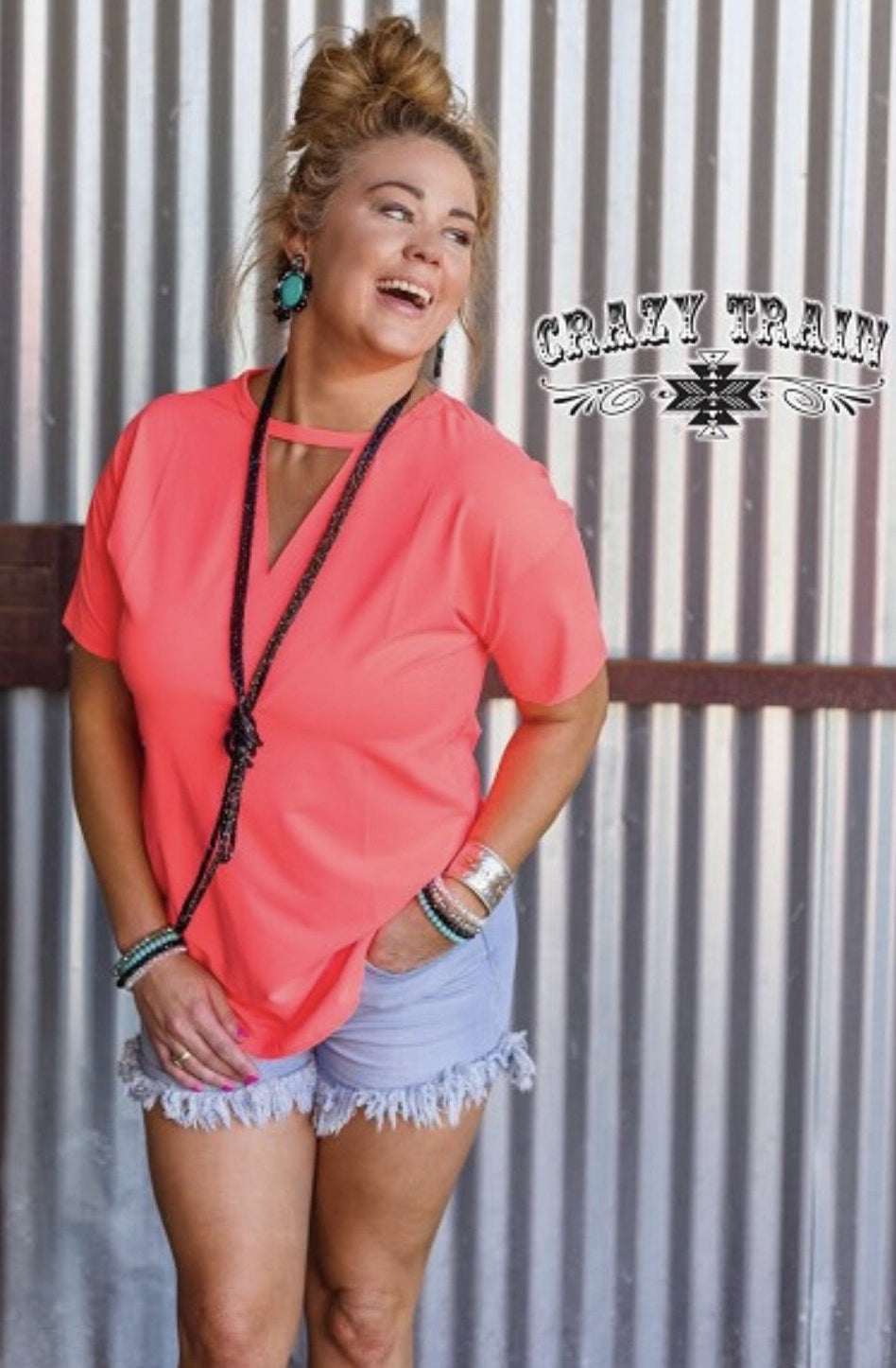 Crazy Coral V-neck Textline Top - Nico Bella Boutique 