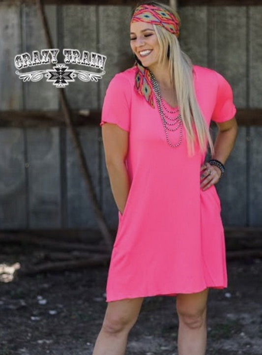 Neon Pink Druzzy Pocket Dress - Nico Bella Boutique 