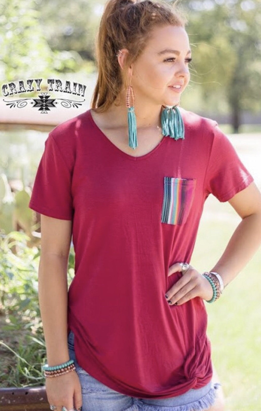 Maroon Serape Pocket Twist Hem Top - Nico Bella Boutique 